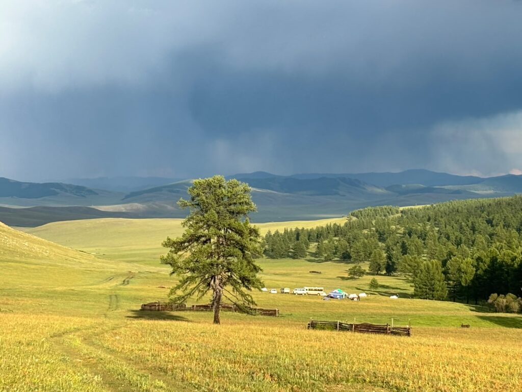 Steppe mongole dorée sous l’orage, campement de yourtes au loin